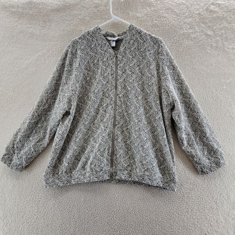 cj banks Zippered Jacket Women's 1X White/Gray Floral Embroidered Long Sleeve*